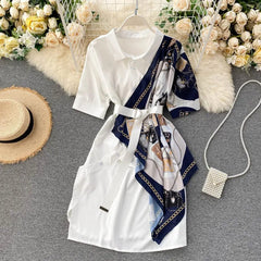 Slavia Scarf Print White Shirt Dress