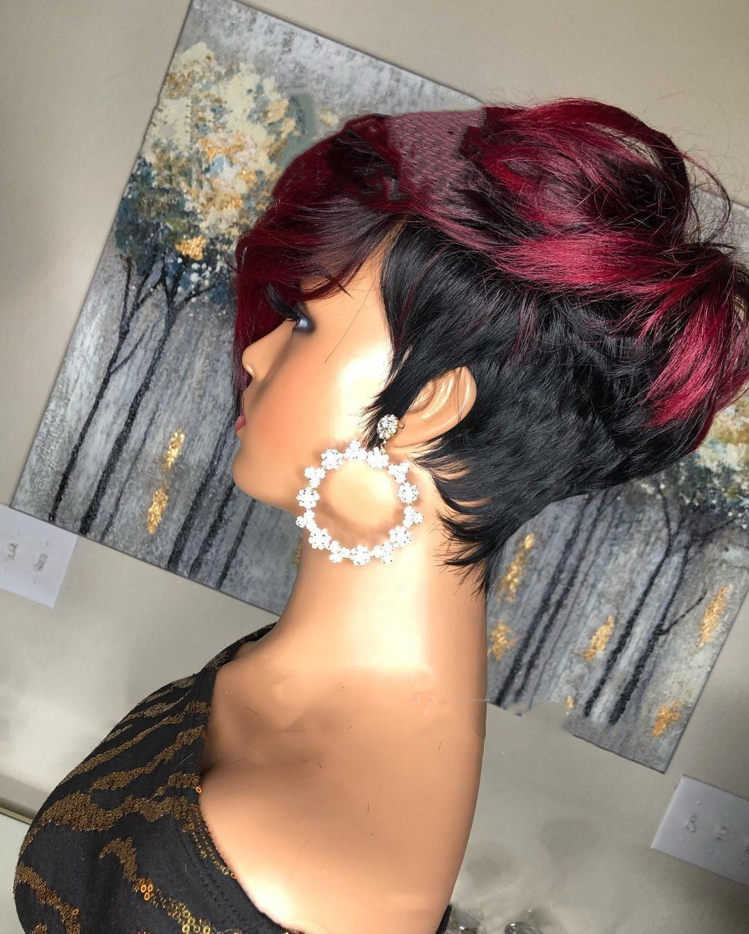 Dark Red Pixie Cut Wig Human Hair Short Bob Wig With Natural