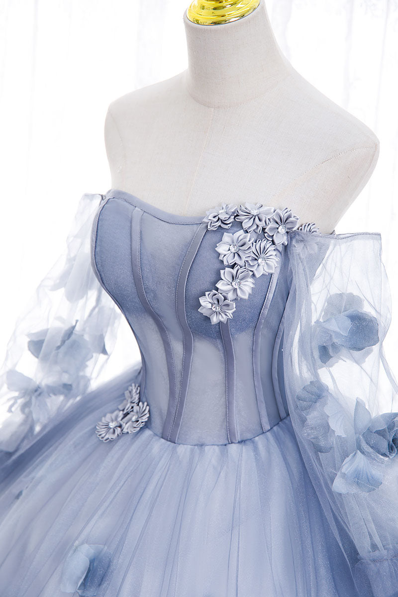 Blue Long Sleeves Tulle Prom Dress with Flowers, Puffy Off the Shoulder Quinceanera Dress UQP0192