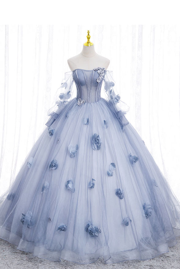 Blue Long Sleeves Tulle Prom Dress with Flowers, Puffy Off the Shoulder Quinceanera Dress UQP0192