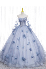 Blue Long Sleeves Tulle Prom Dress with Flowers, Puffy Off the Shoulder Quinceanera Dress UQP0192