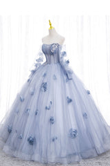 Blue Long Sleeves Tulle Prom Dress with Flowers, Puffy Off the Shoulder Quinceanera Dress UQP0192