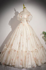 Beautiful Floral Tulle Long Prom Dress, Champagne Short Sleeve Evening Dress