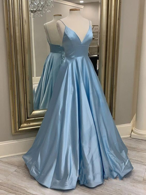 Ball Gown Spaghetti Straps Blue Prom Dress