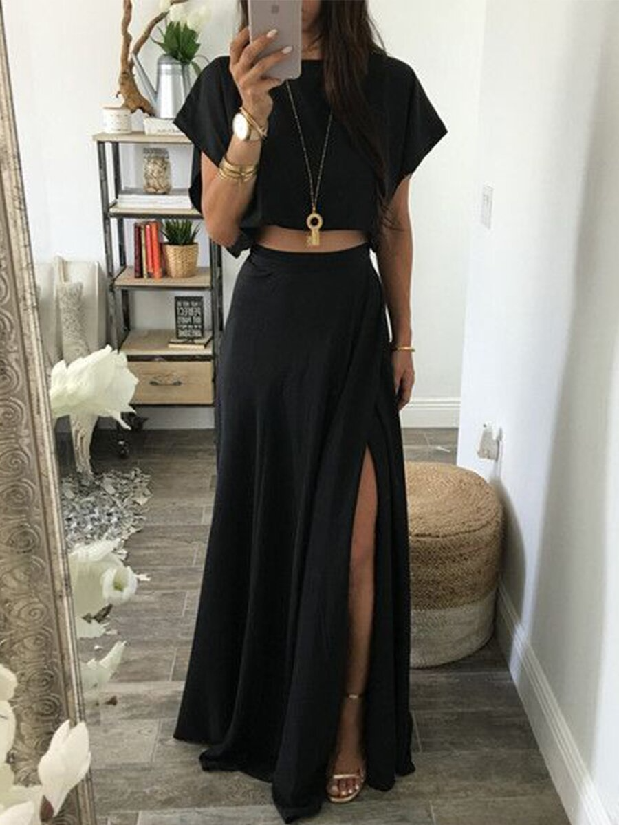 Black Solid Top& Side Slit Set