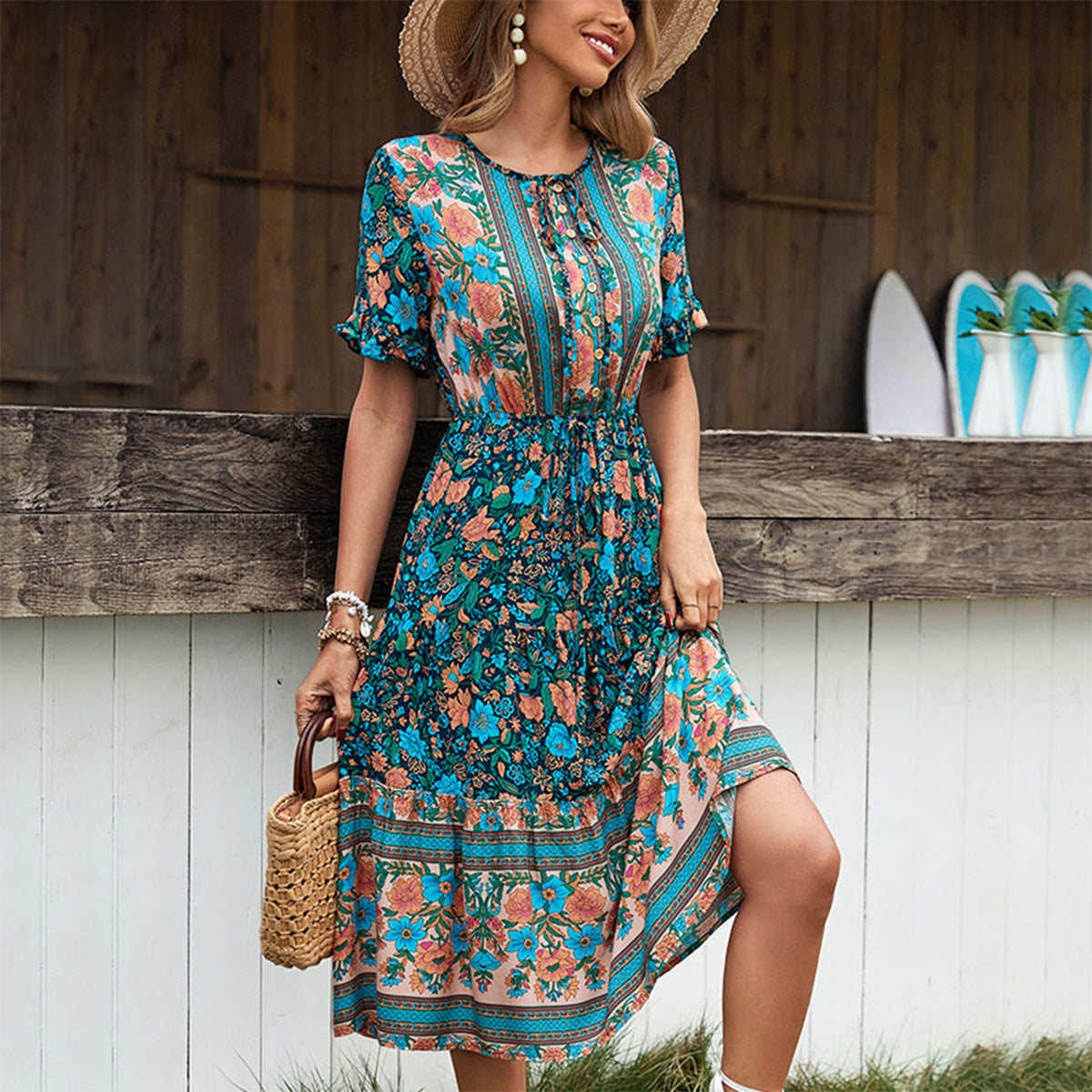 Bohemian Floral Print Short Sleeve Dress