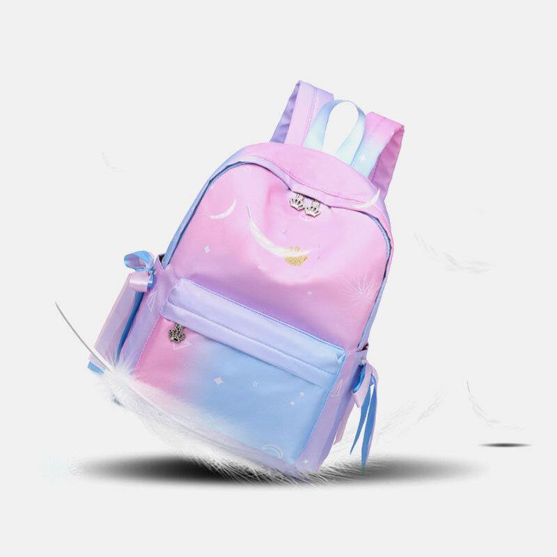 Women Oxford Color Gradient Earphone Hole BowKnot Casual Studeng Bag Backpack