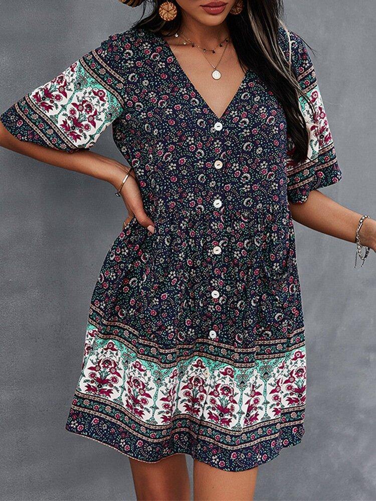 Bohemia Floral Ethnic V-neck Button Short Sleeve Print Dress