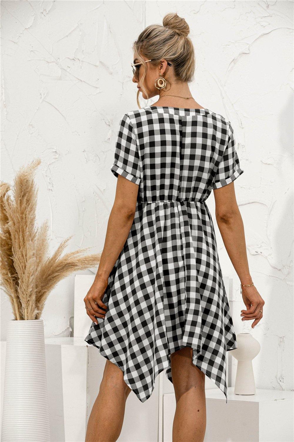 Plaid V-Neck Asymmetrical Trim Dress