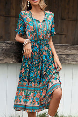 Bohemian Floral Print Short Sleeve Dress