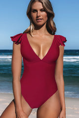 Ruffle Shoulder V Neck One Piece Swimwear