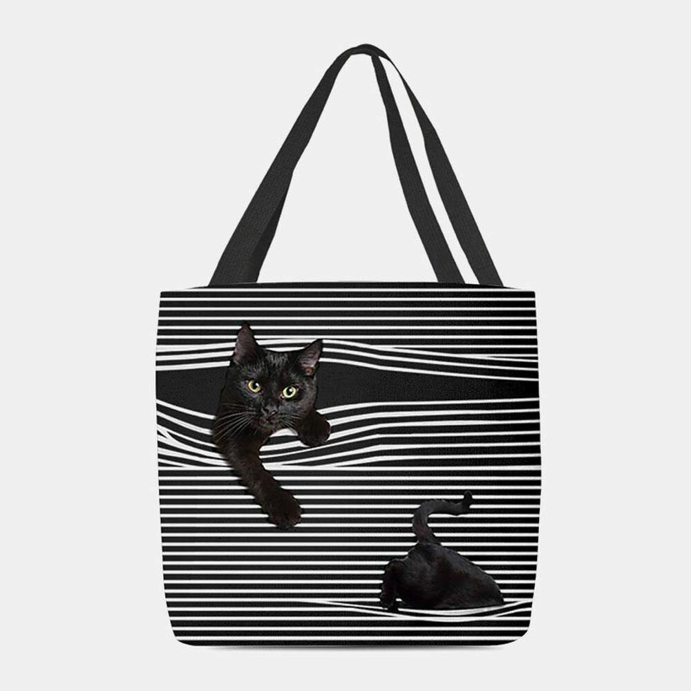 Las mujeres sintieron lindo 3D tridimensional gato negro rayas patrón bolso de hombro bolso de mano 