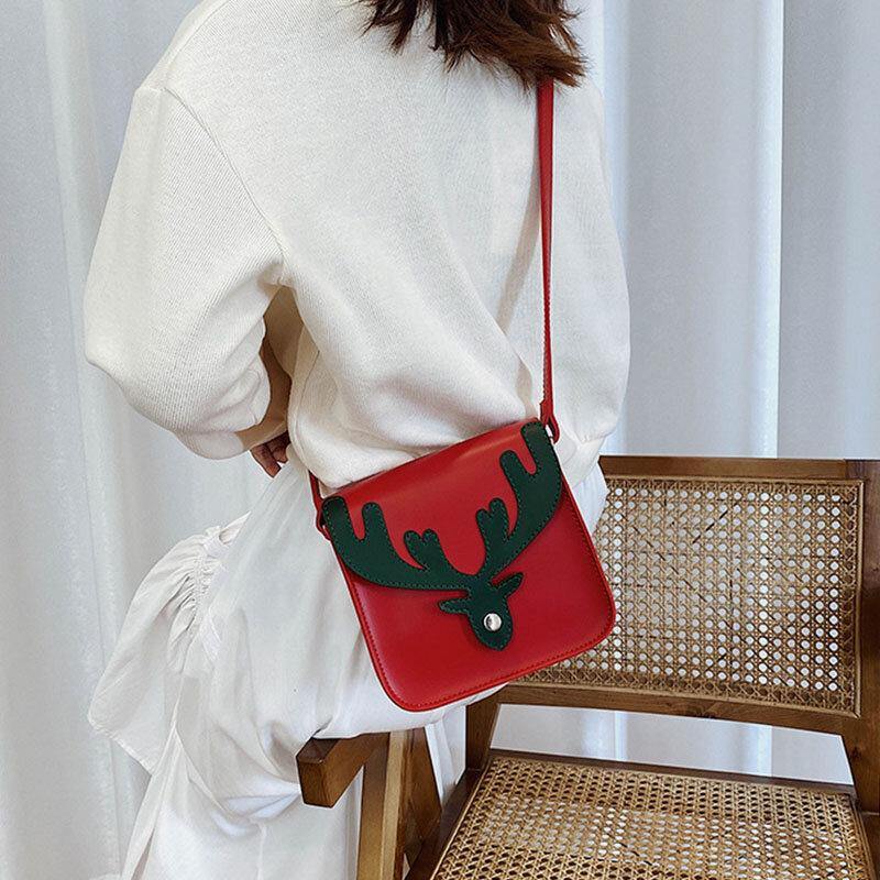 Bolso cuadrado pequeño con diseño de alces de Navidad en color de contraste de piel sintética para mujer, bolso cruzado, bolso de hombro 