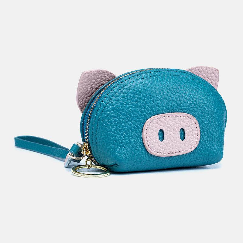 Women Genuine Leather Casual Cute Animal Pig Pattern Mini Hand Carry Coin Bag Storage Bag