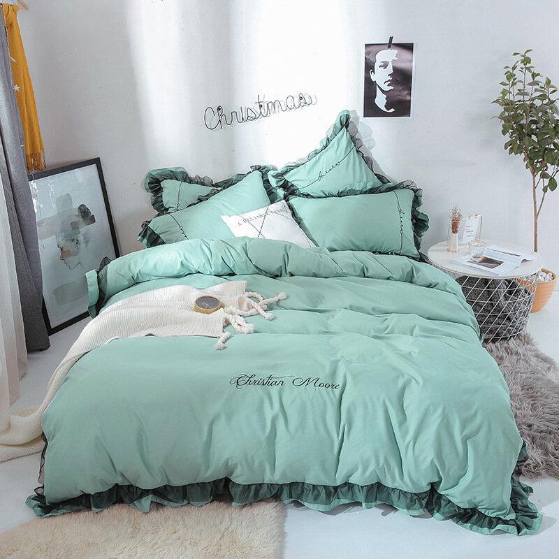 4PCS Solid Color Embroidery Lace Purfle Bedding Set Soft-smooth Duvet Cover Sheet Pillowcases King /Queen Size