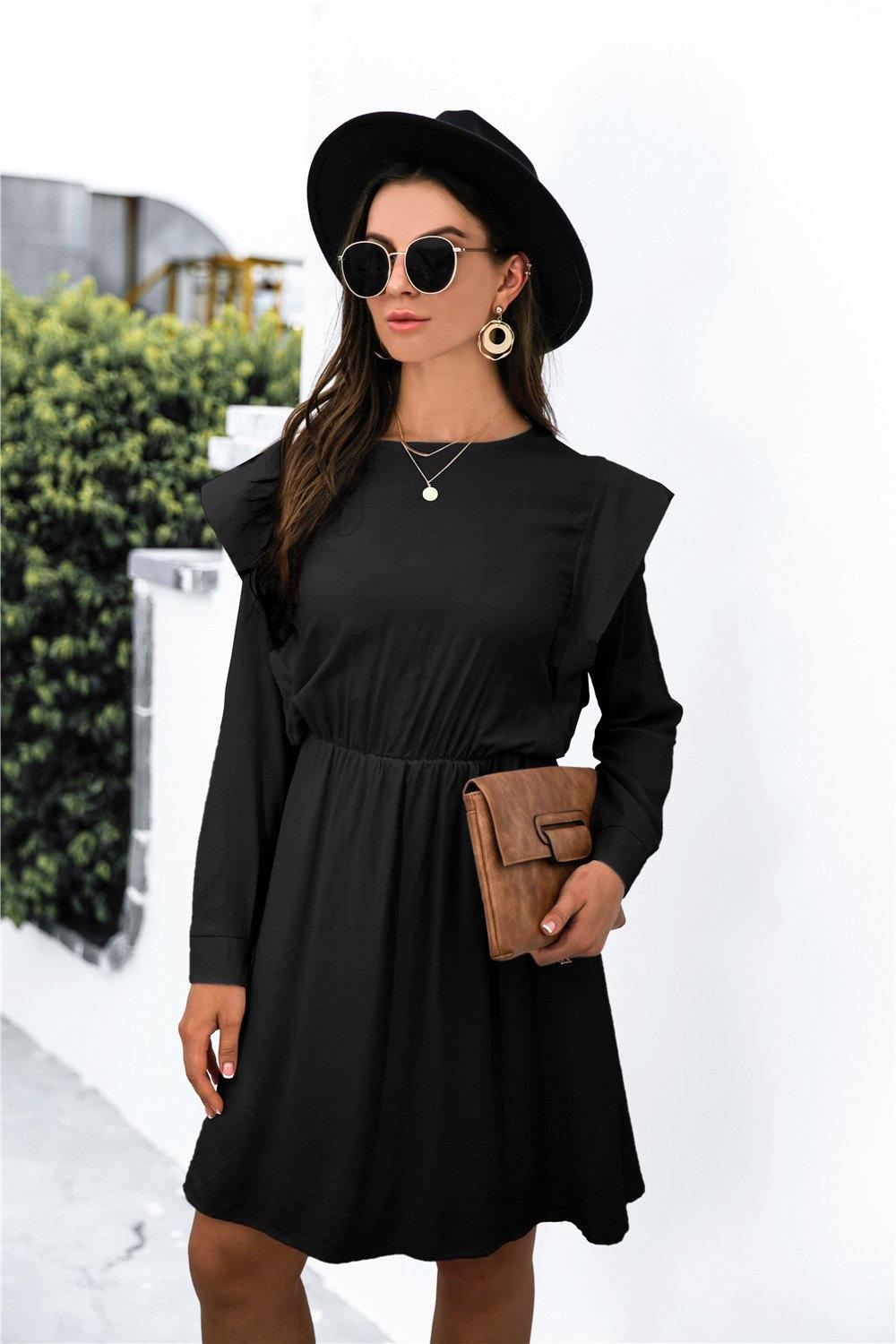 Padded Shoulder Detail Long Sleeve Dress