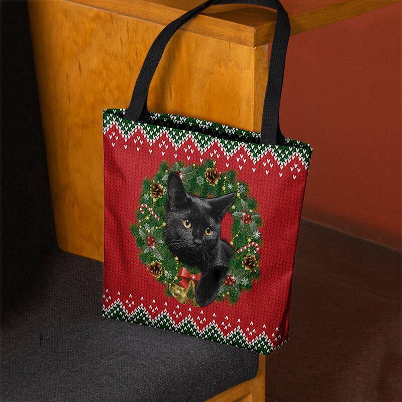 Damen Filz Cartoon Festliche klassische Farbe Weihnachtskranz Katzenmuster Schultertasche Handtasche Tote 