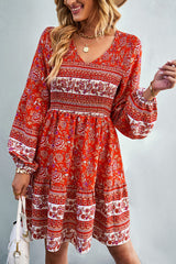 Bohemia Smocked Bust Long Sleeve Mini Dress