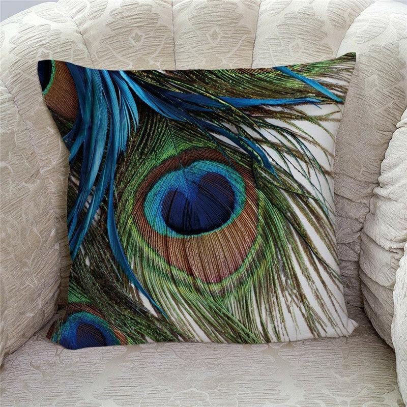 Linen Cushion Cover Peacock Feather Throw Pillow Case Home Sofa Cover