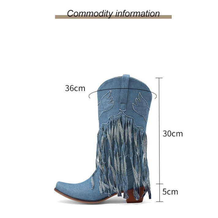 Womens Fringe Denim Western Cowboy Short Boots