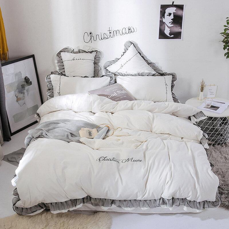 4PCS Solid Color Embroidery Lace Purfle Bedding Set Soft-smooth Duvet Cover Sheet Pillowcases King /Queen Size