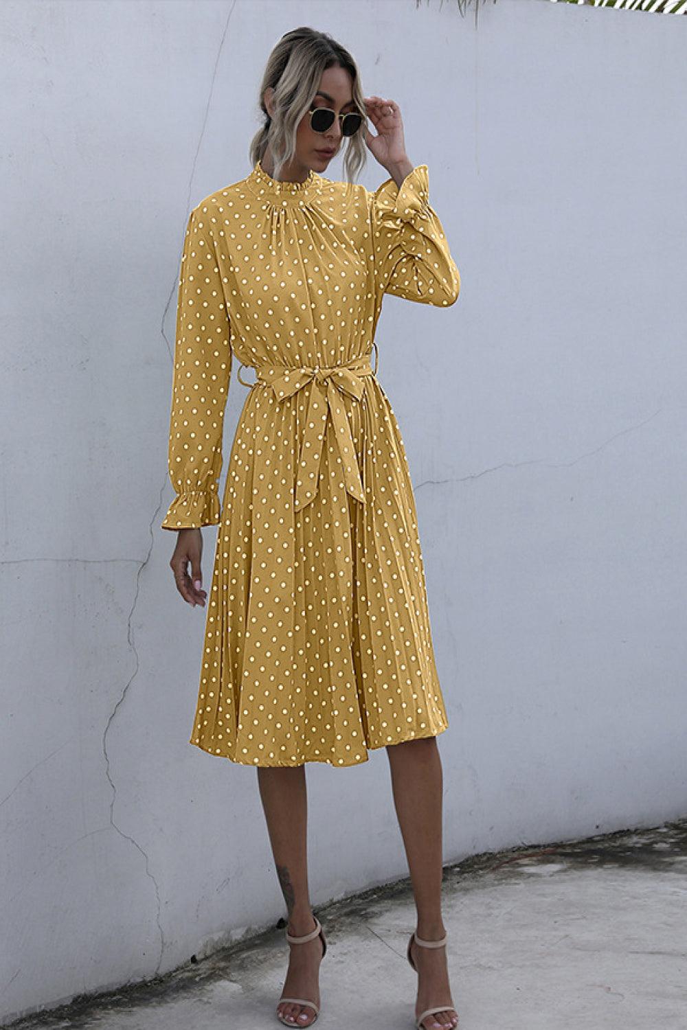 Polka Dot Pleated Dress With Belt