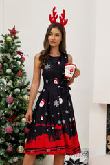 Christmas Print Tie Waist Dress