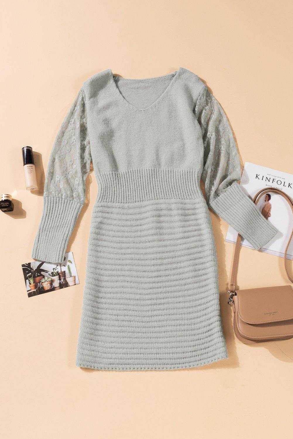 Lace Sleeve V-Neck Knit Dress