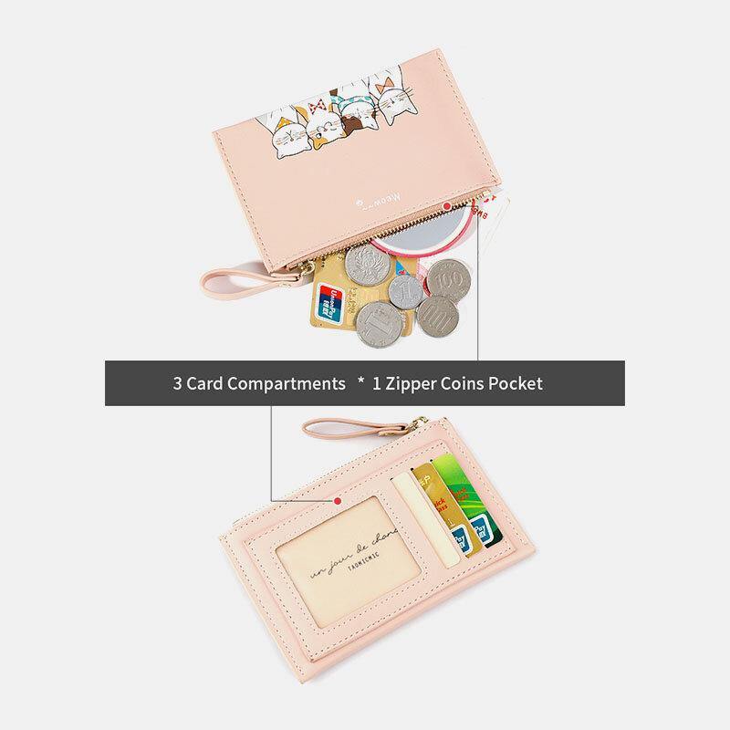 Women Faux Leather Cute Cartoon Cats Printing Ultra-thin Card Case Coin Bag Wallet