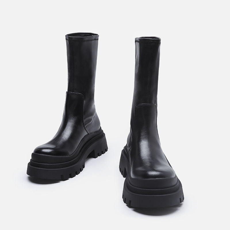 Damen-Stiefel, Plateau-Punk-Schuhe mit klobigem Block und runder Zehenpartie