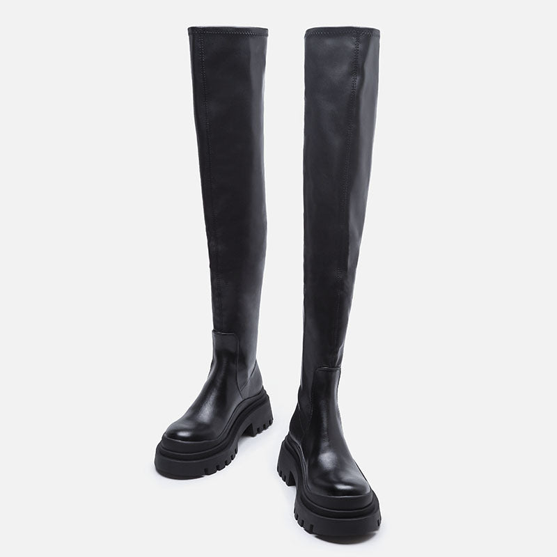 Thigh High Boots No Heel Chunky Platform Knee High Boots For Women