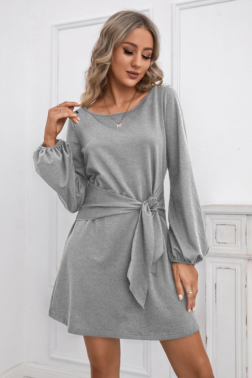 Balloon Sleeve Knot Waist Dress