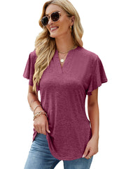 Women's T-Shirts Solid V-Neck Flying Sleeve T-Shirt