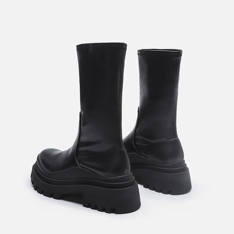 Damen-Stiefel, Plateau-Punk-Schuhe mit klobigem Block und runder Zehenpartie