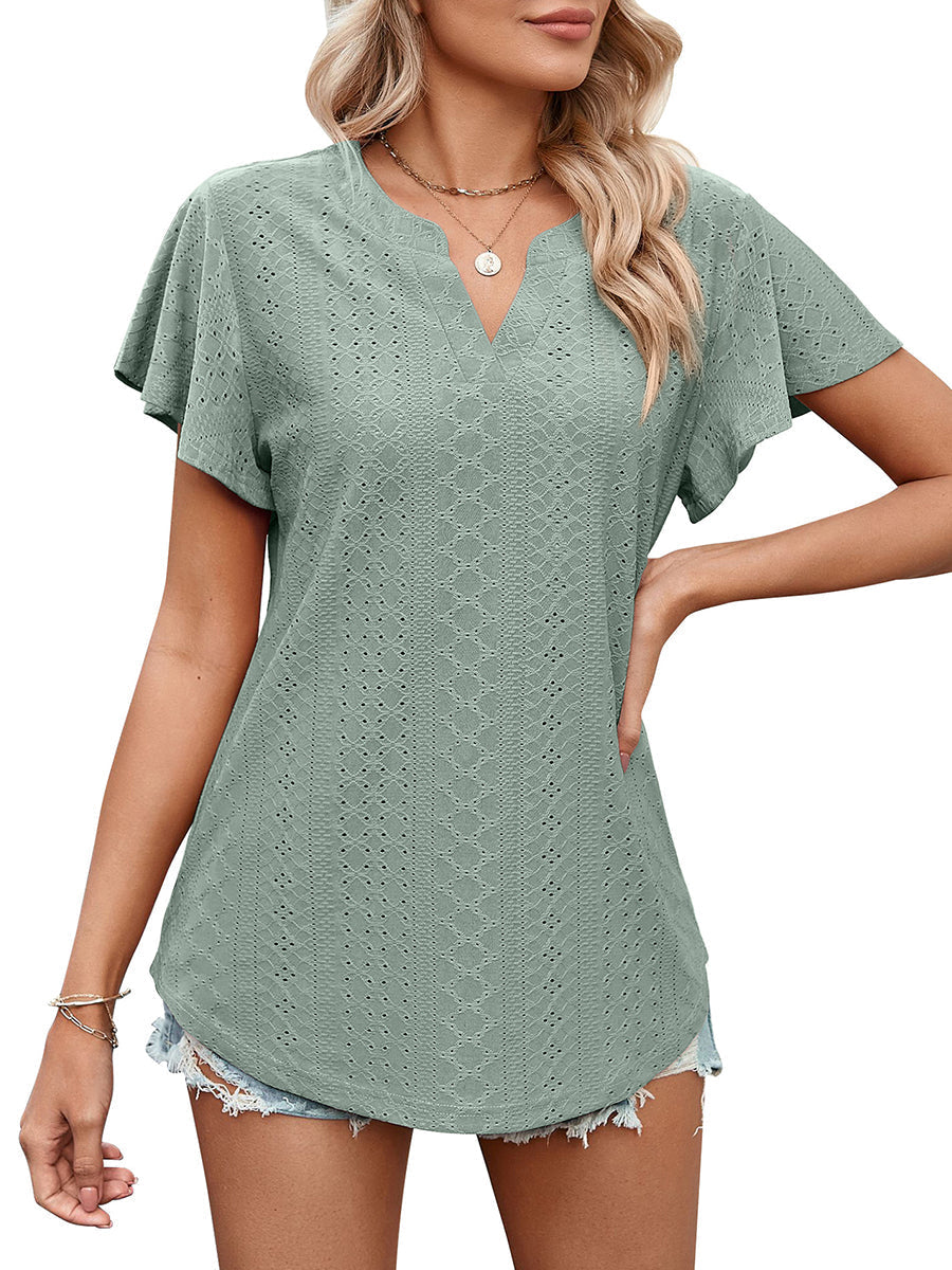 Women’s T-Shirts Solid Color Hollow V-Neck Ruffle Sleeve Casual T-Shirt