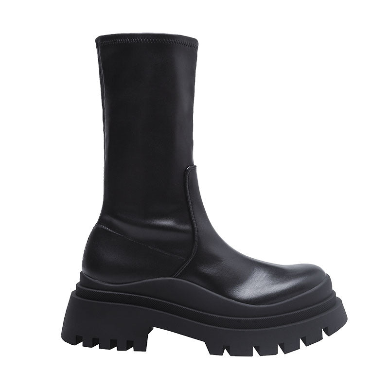 Damen-Stiefel, Plateau-Punk-Schuhe mit klobigem Block und runder Zehenpartie