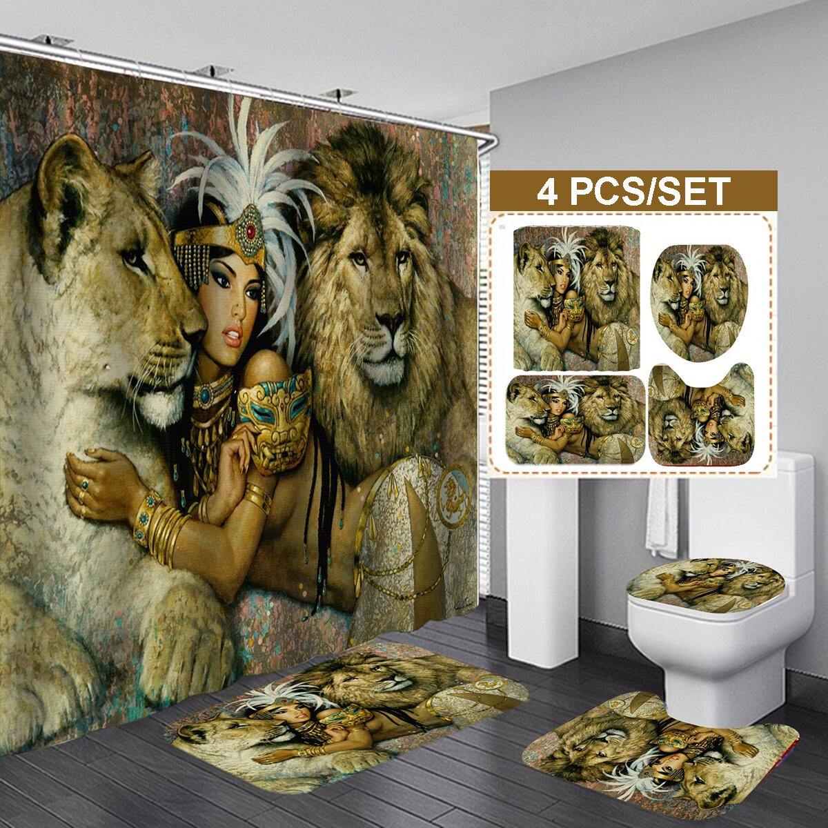 African Woman Egypt Queen and Lion Waterproof Bathroom Set Shower Curtain Bath Mats Floor Doormat Rugs