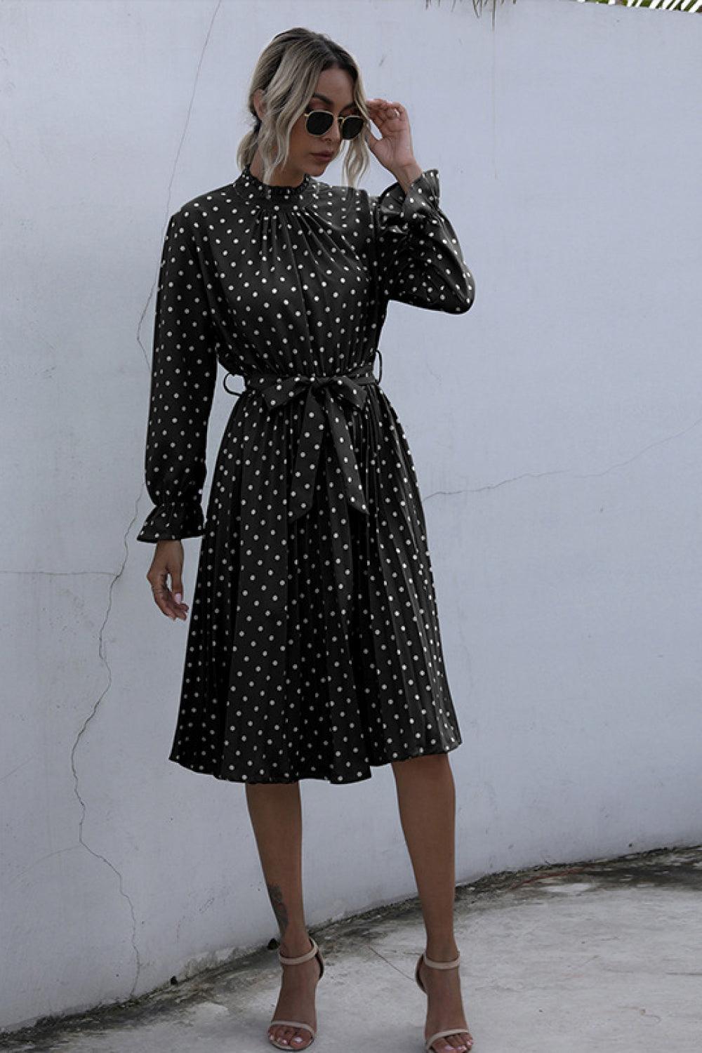 Polka Dot Pleated Dress With Belt