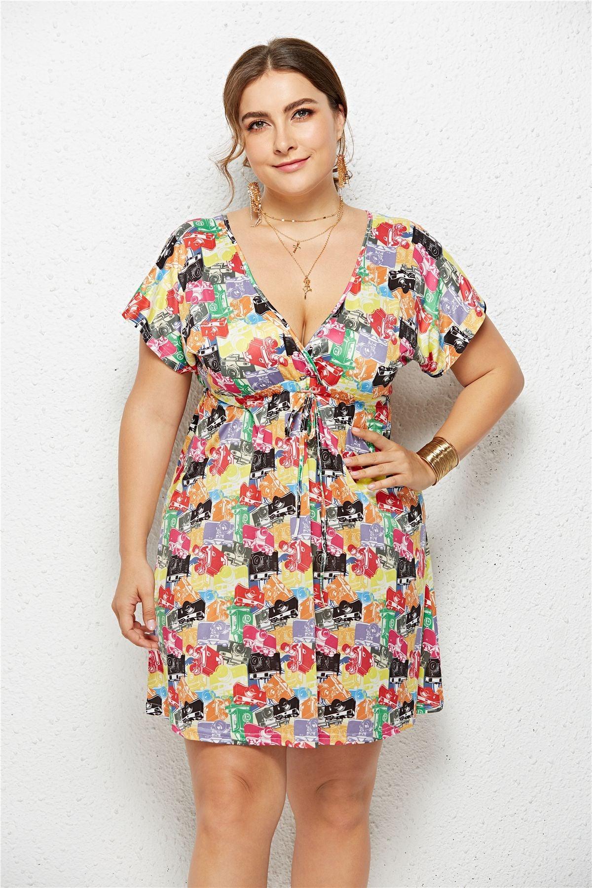 Printed Plunge Plus Size Dress