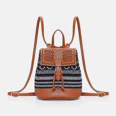 Women Hollow Stitching Ethnic Style Straw Bag Backpack Woven Shoulder Bag Bucket Bag