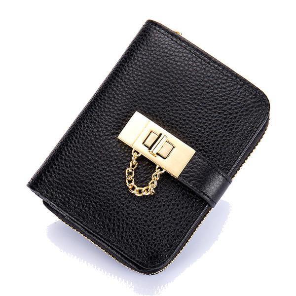 Women Genuine Leather Zipper Card Holder Chain Lock Short Purse Wallets