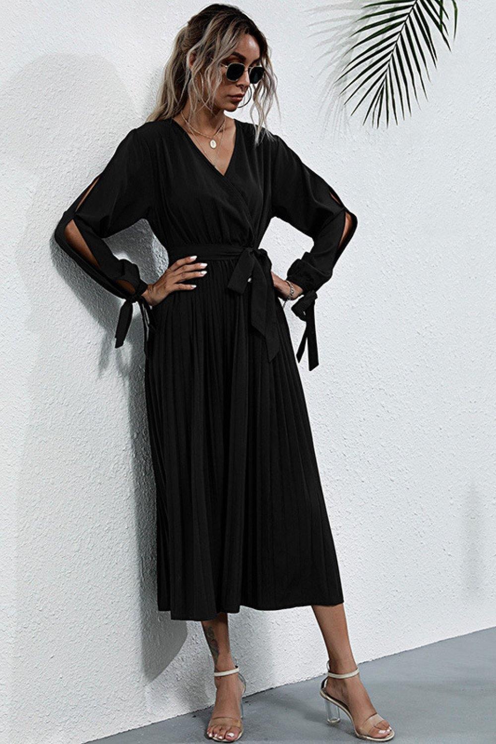 Split Sleeve Belt Pleated Dress