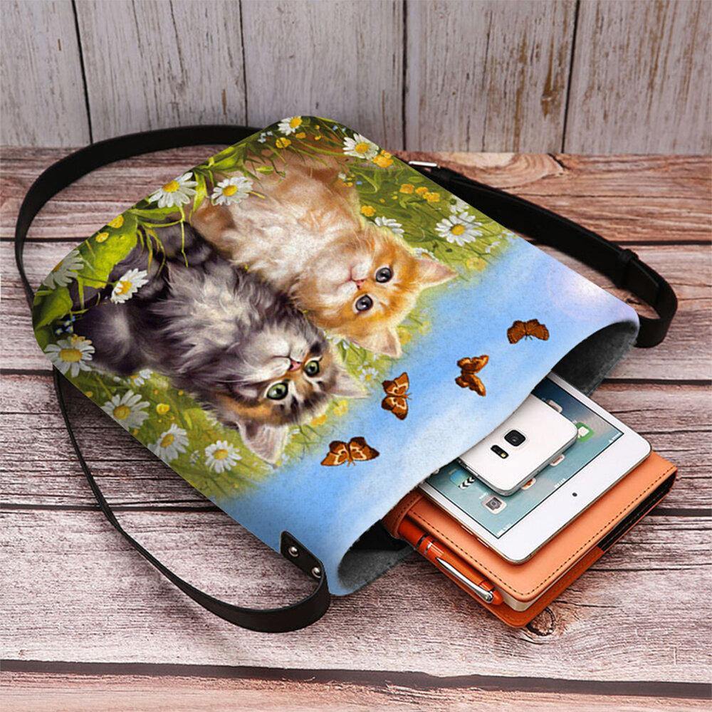 Bolso de hombro tipo bandolera con estampado de gatos de dibujos animados de estilo rural de fieltro para mujer 