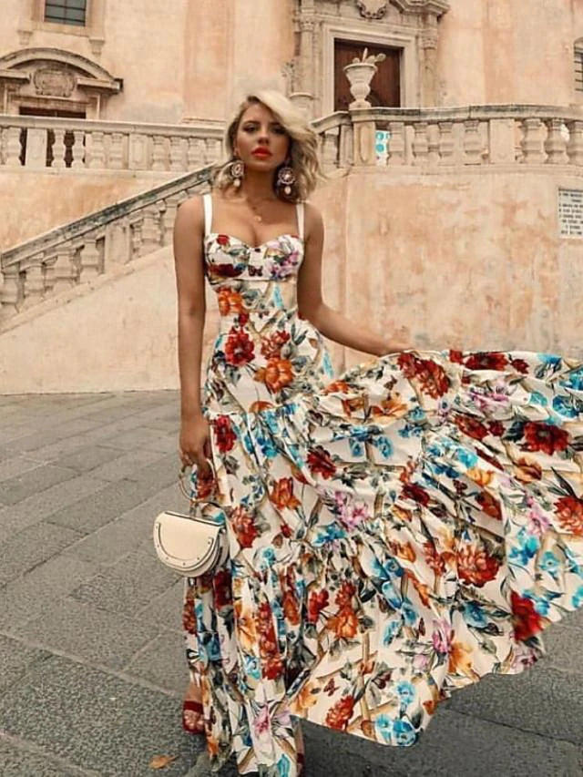 Women's Swing Dress Maxi long Dress Sleeveless Floral Print Fall Elegant Casual Rainbow S M L XL