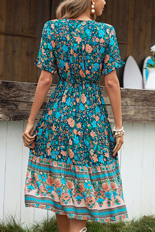 Bohemian Floral Print Short Sleeve Dress