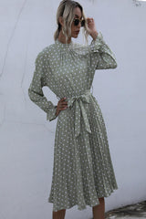 Polka Dot Pleated Dress With Belt