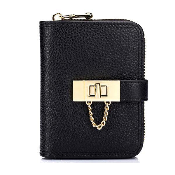 Women Genuine Leather Zipper Card Holder Chain Lock Short Purse Wallets