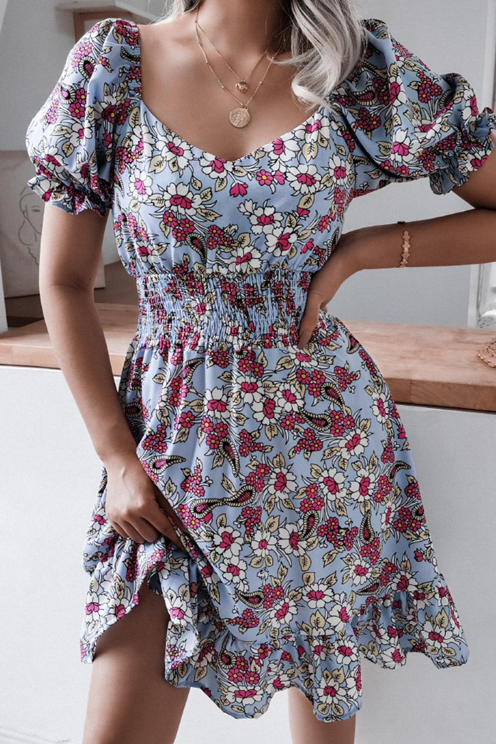 Floral Smocked Waist Puff Sleeve Dress