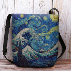 Women Felt Sea Wave Starry Sky Pattern Oil Painting Style Prints Crossbody Bag Shoulder Bag