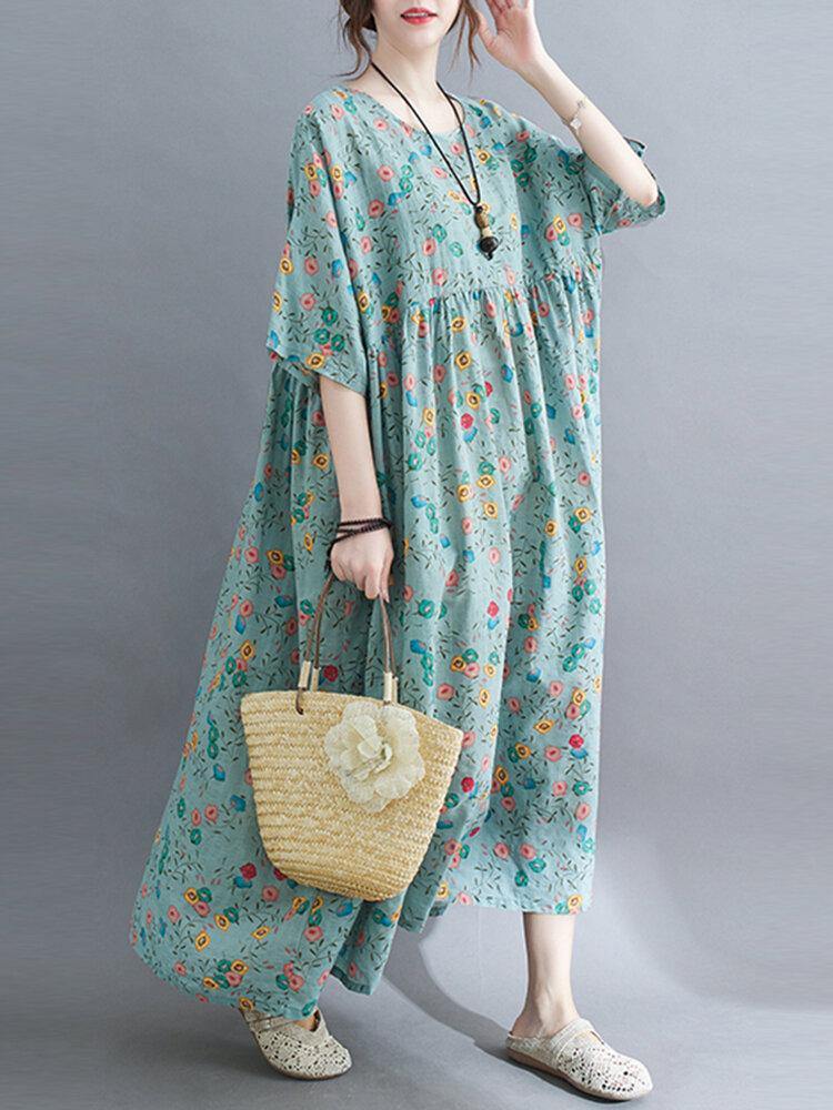 Casual Floral Printed Loose Fit O-Neck Maxi Dress For Women